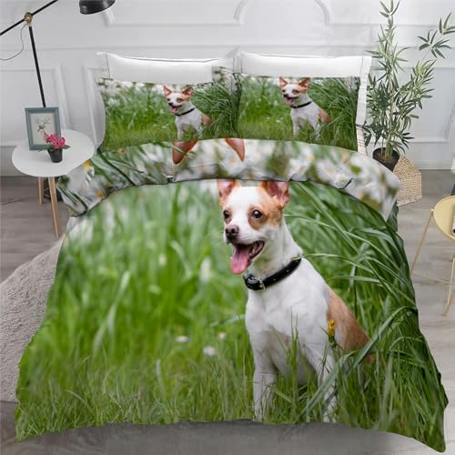 Chihuahua BettwäSche 200x220 3teilig Bettbezug Haustiere BettwäSche-Sets 200 x 220 cm und 2 KissenbezüGe 80x80 cm, BettwäSche Set füR Doppelbett mit ReißVerschluss von KaiHeBeding