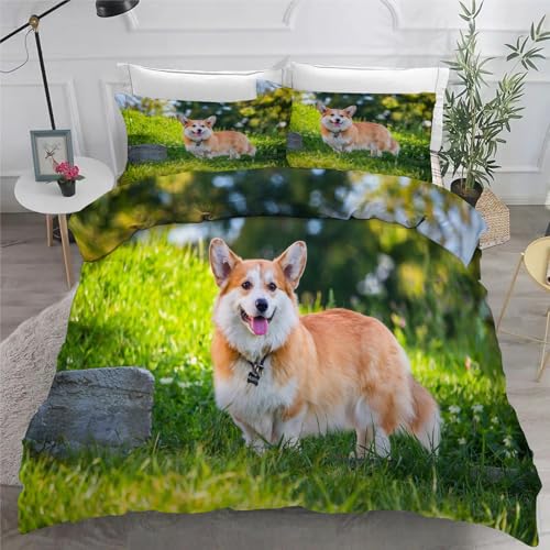 Corgi BettwäSche 200x220 3teilig Bettbezug Süß BettwäSche-Sets 200 x 220 cm und 2 KissenbezüGe 80x80 cm, BettwäSche Set füR Doppelbett mit ReißVerschluss von KaiHeBeding