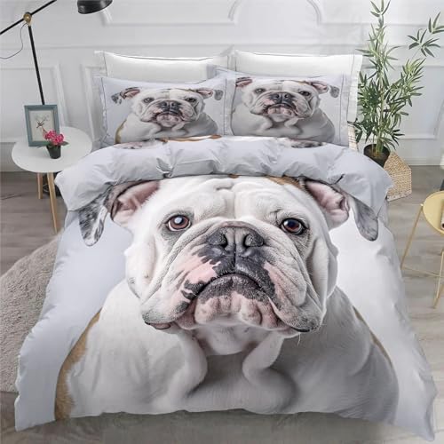 Englische Bulldogge BettwäSche Set 200x200 cm Weiß Bettbezug und 2 Kissenbezug 80x80 cm Weiche Flauschiger Mikrofaser 3 Teilig BettwäSche mit ReißVerschluss füR Doppelbett von KaiHeBeding