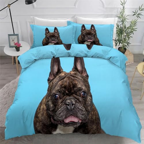 FranzöSische Bulldogge BettwäSche Set 200x200 cm Blau Bettbezug und 2 Kissenbezug 80x80 cm Weiche Flauschiger Mikrofaser 3 Teilig BettwäSche mit ReißVerschluss füR Doppelbett von KaiHeBeding