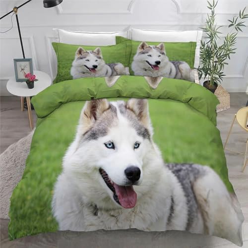 Husky BettwäSche 200x220 3teilig Bettbezug Haustiere BettwäSche-Sets 200 x 220 cm und 2 KissenbezüGe 80x80 cm, BettwäSche Set füR Doppelbett mit ReißVerschluss von KaiHeBeding