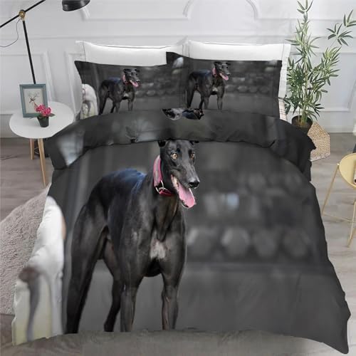 Italienisches Windspiel BettwäSche Set 200x200 cm Grau Bettbezug und 2 Kissenbezug 80x80 cm Weiche Flauschiger Mikrofaser 3 Teilig BettwäSche mit ReißVerschluss füR Doppelbett von KaiHeBeding