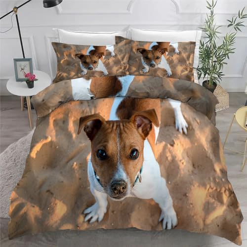Jack Russell Terrier BettwäSche Set 200x200 cm Haustiere Bettbezug und 2 Kissenbezug 80x80 cm Weiche Flauschiger Mikrofaser 3 Teilig BettwäSche mit ReißVerschluss füR Doppelbett von KaiHeBeding