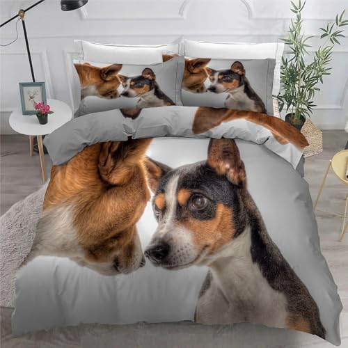 Jack Russell Terrier BettwäSche Set 200x200 cm Haustiere Bettbezug und 2 Kissenbezug 80x80 cm Weiche Flauschiger Mikrofaser 3 Teilig BettwäSche mit ReißVerschluss füR Doppelbett von KaiHeBeding