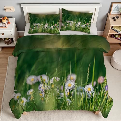 KaiHeBeding Blumen und Gras BettwäSche 135x200 Gänseblümchen BettwäSche-Sets Weich BüGelfrei Bettbezug und Kissenbezug 80x80 BettwäSche Set mit ReißVerschluss füR Einzelbett von KaiHeBeding