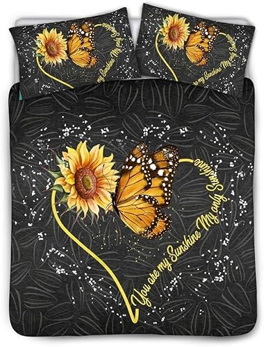 KaiHeBeding Sonnenblume BettwäSche 155x220 3teilig Bettbezug Schmetterling BettwäSche-Sets 155 x 220 cm und 2 KissenbezüGe 80x80 cm, BettwäSche Set füR Einzelbett mit ReißVerschluss von KaiHeBeding
