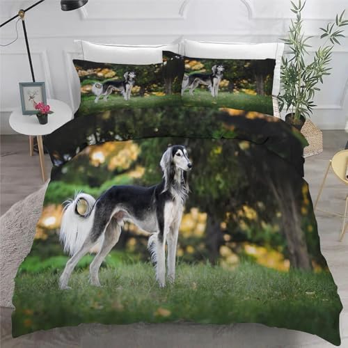 Saluki BettwäSche Set 200x200 cm Haustiere Bettbezug und 2 Kissenbezug 80x80 cm Weiche Flauschiger Mikrofaser 3 Teilig BettwäSche mit ReißVerschluss füR Doppelbett von KaiHeBeding