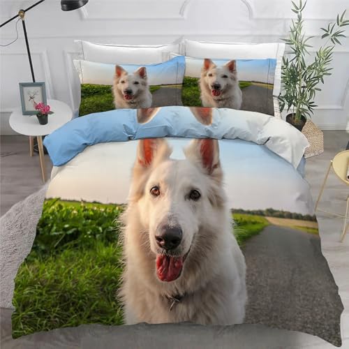 Weiß BettwäSche Set 200x200 cm Schweizer SchäFerhund Bettbezug und 2 Kissenbezug 80x80 cm Weiche Flauschiger Mikrofaser 3 Teilig BettwäSche mit ReißVerschluss füR Doppelbett von KaiHeBeding