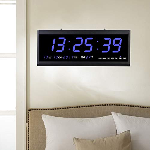 SanBouSi Led Digitale Wanduhr 48cm Kalenderuhr Temperatur Wanduhren Digitaluhr Ziffer Display Tischuhr für Zimmer Küche Büro, EU Stecker (Blau) von SanBouSi