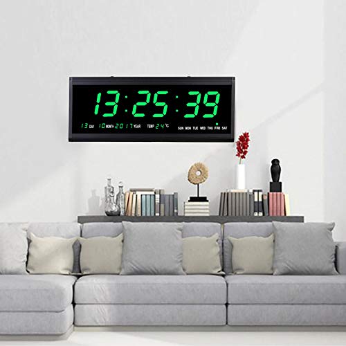 SanBouSi Led Digitale Wanduhr 48cm Kalenderuhr Temperatur Wanduhren Digitaluhr Ziffer Display Tischuhr für Zimmer Küche Büro, EU Stecker (Grün) von SanBouSi