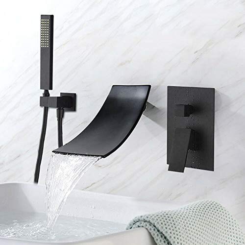 Wasserhahn Badewanne, Bad Wannenarmatur Wasserfall mit Brause Wandarmatur Bad Wasserfall Wasserhahn Bad Wandmontage Einzelgriff für Badewanne Dusche, Schwarz von Kaibrite