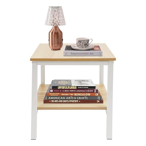 Kaichenyt 2 Etagen Beistelltisch, Quadratisch Sofatisch mit 4* Fußpads Dicke der Platte 16mm für Büchern 42x42x45cm Weiß+Holz Farbe von Kaichenyt