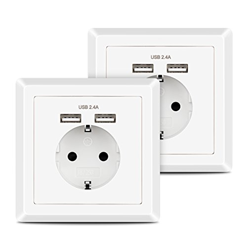 2x USB Schuko Steckdosen Weiß, Schutzkontakt Steckdose mit USB Anschluss 2.4A, Laden iPhone iPad Smartphone MP3 Digitalkamera Wandsteckdose unterputz - 2 Pack von Kaifire