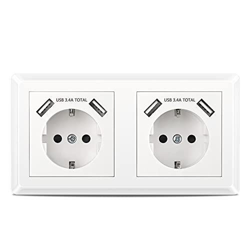 Kaifire Doppelsteckdose Mit USB Anschluss, Schuko Steckdose System 55 Reinweiß Komplett-Set inkl. Rahmen Unterputz Wandsteckdose Mit 4 USB Ladegerät für Smartphone Tablet MP3 Kaifire Doppelsteckdose Mit USB Anschluss, Schuko Steckdose System 55 Reinweiß Komplett-Set inkl. Rahmen Unterputz Wandsteckdose Mit 4 USB Ladegerät für Smartphone Tablet MP3 von Kaifire