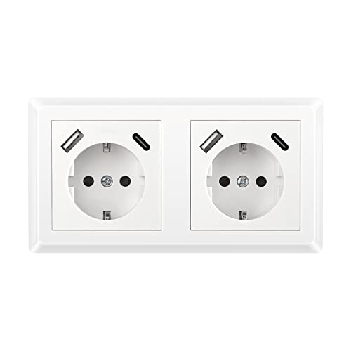 Kaifire Doppelsteckdose mit 2 USB Ladegerät und 2 Typ C, Schuko USB Steckdose Unterputz System 55 Reinweiß Glänzend Passt in Standard 2-fach Unterputzdose, Wandsteckdose für Smartphone Tablet MP3 von Kaifire