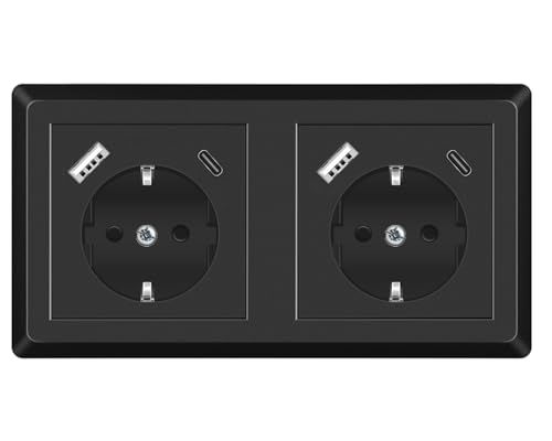 Kaifire Doppelsteckdose mit 2 USB Ladegerät und 2 Typ C (USB-Anschluss Max. 3.4A) Schuko Steckdose Unterputz Schwarz Wandsteckdose Passt in Standard 2-fach Unterputzdose von Kaifire