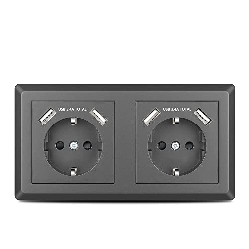 Kaifire Doppelsteckdose mit 4 USB Anschlüssen Grau, Schuko USB Steckdose System 55 unterputz Passt in Standard 2-fach Unterputzdose, Ladegerät für Smartphone Tablet MP3 Kaifire Doppelsteckdose mit 4 USB Anschlüssen Grau, Schuko USB Steckdose System 55 unterputz Passt in Standard 2-fach Unterputzdose, Ladegerät für Smartphone Tablet MP3 von Kaifire