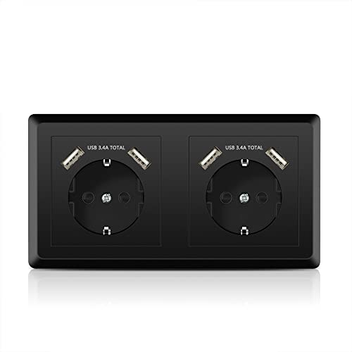 Kaifire Doppelsteckdose mit 4 USB Anschlüssen Schwarz, System 55 USB Schuko Steckdose unterputz Passt in Standard 2-fach Unterputzdose, Ladegerät Smartphone Tablet MP3 Kaifire Doppelsteckdose mit 4 USB Anschlüssen Schwarz, System 55 USB Schuko Steckdose unterputz Passt in Standard 2-fach Unterputzdose, Ladegerät Smartphone Tablet MP3 von Kaifire