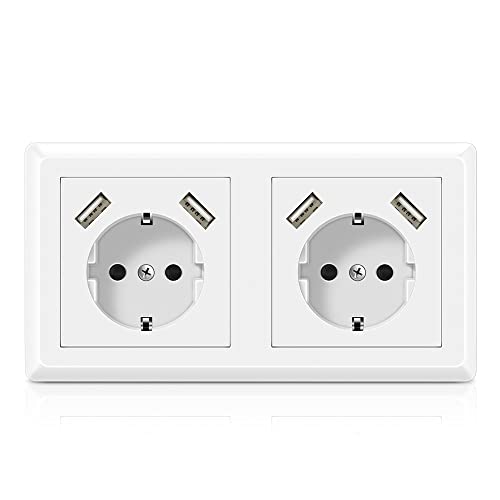 Kaifire Doppelsteckdose mit USB Anschluss, Schutzkontakt Schuko Unterputz USB Steckdose Weiß System 55X55 Passt in Standard 2-fach Unterputzdose Wandsteckdose für Smartphone Tablette Kaifire Doppelsteckdose mit USB Anschluss, Schutzkontakt Schuko Unterputz USB Steckdose Weiß System 55X55 Passt in Standard 2-fach Unterputzdose Wandsteckdose für Smartphone Tablette von Kaifire