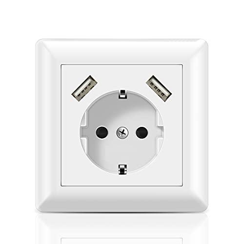 Kaifire Steckdose mit 2 x USB Anschluss 3.4A Unterputz, USB Steckdose System 55 X 55 Reinweiß Passt in Standard Unterputzdose, Schutzkontakt Schuko Wandsteckdose Geeignet für Smartphone Tablet MP3 von Kaifire