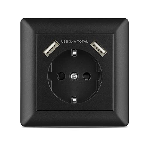 Kaifire USB Steckdose, Unterputz Steckdose mit USB Anschluss (Max.3.4A) System 55 Reinweiß Glänzend Rahmen Schuko Steckdose Komplett-Set Wandsteckdose für Smartphone Tablet MP3, Schwarz von Kaifire