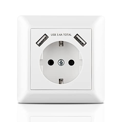 Kaifire USB Steckdose, Unterputz Steckdose mit USB Ladegerät Anschluss (Max. 3.4A) System 55 Reinweiß Glänzend Schuko Wandsteckdose mit Rahmen Passent in Standard Unterputzdose von Kaifire