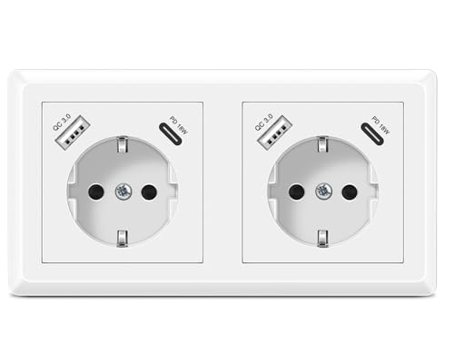 Kaifire USB Steckdose PD 18W Schuko Doppelsteckdose mit 2 USB Anschluss und 2 Typ C System 55 Schutzkontakt Unterputz Steckdose mit Rahmen Wandsteckdose Passt in Standard 2-fach Unterputzdose Kaifire USB Steckdose PD 18W Schuko Doppelsteckdose mit 2 USB Anschluss und 2 Typ C System 55 Schutzkontakt Unterputz Steckdose mit Rahmen Wandsteckdose Passt in Standard 2-fach Unterputzdose von Kaifire