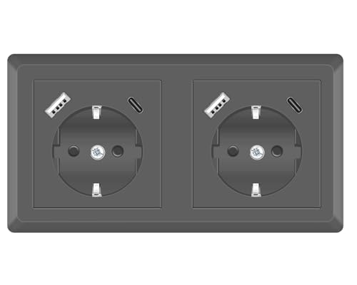 Kaifire USB Steckdose QC 3.0 Schnellladegerät, Schuko Doppelsteckdose mit 2 USB Anschluss und 2 Typ C Grau, System 55 Passt in Standard 2-fach Unterputzdose, Wandsteckdose für Smartphone Tablet MP3 Kaifire USB Steckdose QC 3.0 Schnellladegerät, Schuko Doppelsteckdose mit 2 USB Anschluss und 2 Typ C Grau, System 55 Passt in Standard 2-fach Unterputzdose, Wandsteckdose für Smartphone Tablet MP3 von Kaifire