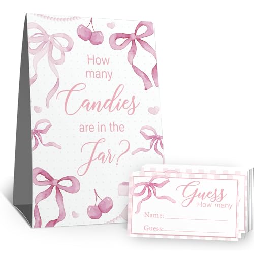 Schild "Guess How Many Candies" (1 stehendes Schild, 50 Ratekarten), rosa Schleife, Themen-Aktivitätenkarten-Set für Babypartys, Neugeborenenen-Partys, Brautparty, Verlobung, Hochzeitsdusche von Kaimaloke
