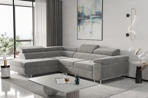 Kaiser Möbel, Ecksofa mit schlaffunktion, mit Bettkasten, Schlafsofa Atom Lux, Designer Sofa, Modern Design Couch, Polsterecke, Freistehend, Stoff Monolith Klasse A, Hellgrau Links von Kaiser Möbel