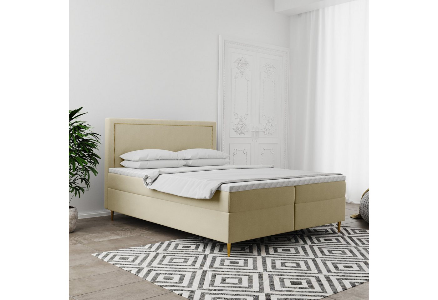 Kaiser Möbel Boxspringbett GOLDEN mit Bettkasten, Matratze & Topper – Velvet Stoff, viele Farben (Boxspringbett mit Matratze und Topper,Komplettset), Goldene Metallfüße,Kaltschaumauflage,Verziertes Kopfteil von Kaiser Möbel