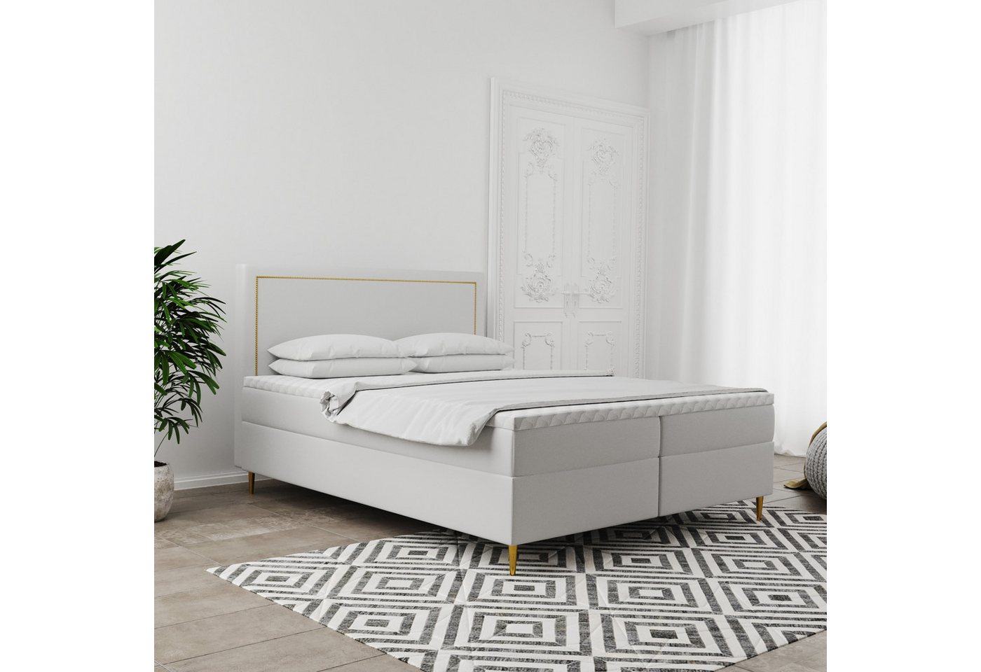 Kaiser Möbel Boxspringbett GOLDEN mit Bettkasten, Matratze & Topper – Velvet Stoff, viele Farben (Boxspringbett mit Matratze und Topper,Komplettset), Goldene Metallfüße,Kaltschaumauflage,Verziertes Kopfteil von Kaiser Möbel