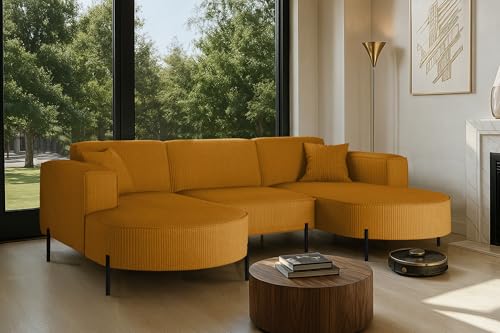 Kaiser Möbel - Ecksofa, Sofa Modena U Rein - Modern Design Couch - Freistehende Sofa Wohnzimmer - Stoff Poso - Farbe Senffarbe - 165x299x78 cm von Kaiser Möbel
