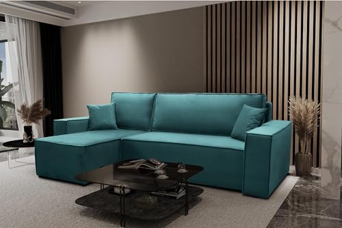 Kaiser Möbel Ecksofa ATOS mit schlaffunktion und bettkasten Modern Design Couch, Sofagarnitur, Couchgarnitur, Polsterecke, Freistehend, Polsterung Samt, Azurblau Links von Kaiser Möbel