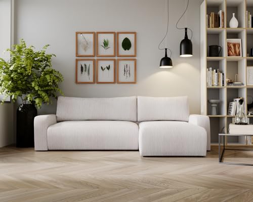 Kaiser Möbel Ecksofa Aragon Modern Design Couch mit Schlaffunktion und Bettkasten Couch L Form Polsterecke Freistehend Zoom Stoff- Dicker Cord Beige Ottomane Rechts, ARAGON_ECKSOFA von Kaiser Möbel