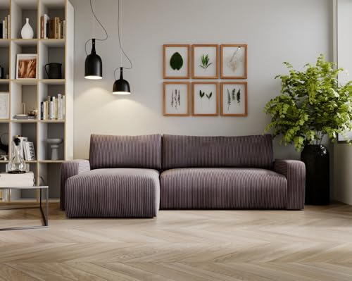 Kaiser Möbel, Ecksofa mit schlaffunktion, mit Bettkasten, Schlafsofa Argon, Designer Sofa, Modern Design Couch, Polsterecke, Freistehend, Zoom Stoff- Dicker Cord Braun Ottomane Links von Kaiser Möbel