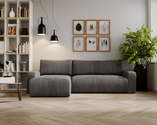 Kaiser Möbel Ecksofa Aragon Modern Design Couch mit Schlaffunktion und Bettkasten Couch L Form Polsterecke Freistehend Zoom Stoff- Dicker Cord Dunkelgrau Ottomane Links, ARAGON_ECKSOFA von Kaiser Möbel