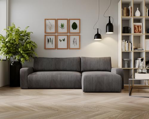 Kaiser Möbel, Ecksofa mit schlaffunktion, mit Bettkasten, Schlafsofa Argon, Designer Sofa, Modern Design Couch, Polsterecke, Freistehend, Zoom Stoff- Dicker Cord Dunkelgrau Ottomane Rechts von Kaiser Möbel