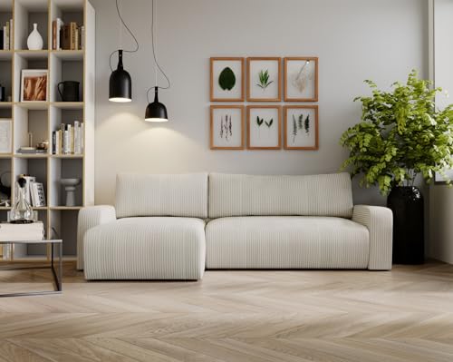 Kaiser Möbel Ecksofa Aragon Modern Design Couch mit Schlaffunktion und Bettkasten Couch L Form Polsterecke Freistehend Zoom Stoff- Dicker Cord Ecru Ottomane Links von Kaiser Möbel