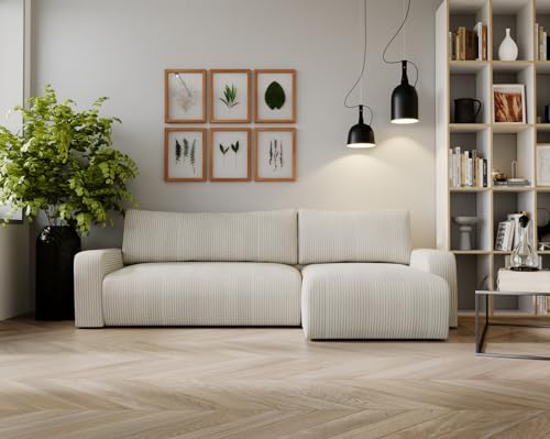 Kaiser Möbel Ecksofa Aragon Modern Design Couch mit Schlaffunktion und Bettkasten Couch L Form Polsterecke Freistehend Zoom Stoff- Dicker Cord Ecru Ottomane Rechts von Kaiser Möbel