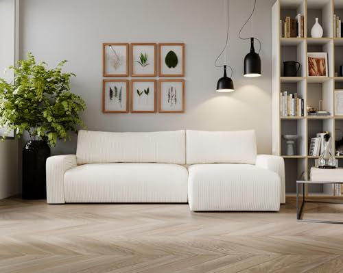 Kaiser Möbel Ecksofa Aragon Modern Design Couch mit Schlaffunktion und Bettkasten Couch L Form Polsterecke Freistehend Zoom Stoff- Dicker Cord Weiss Ottomane Rechts von Kaiser Möbel