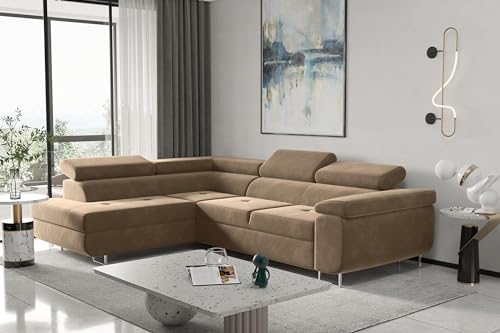 Kaiser Möbel, Ecksofa mit schlaffunktion, mit Bettkasten, Schlafsofa Atom Lux, Designer Sofa, Modern Design Couch, Polsterecke, Freistehend, Stoff Monolith Klasse A, Hellbraun Links von Kaiser Möbel