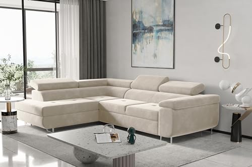 Kaiser Möbel, Ecksofa mit schlaffunktion, mit Bettkasten, Schlafsofa Atom Lux, Designer Sofa, Modern Design Couch, Polsterecke, Freistehend, Stoff Monolith Klasse A, Ecru Links von Kaiser Möbel