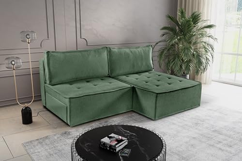 Kaiser Möbel, Sofa mit schlaffunktion, mit Bettkasten, Schlafsofa Bohoo, Designer Sofa, Modern Design Couch, Polsterecke, Freistehend, Stoff Raven Hellgrun Rechts von Kaiser Möbel