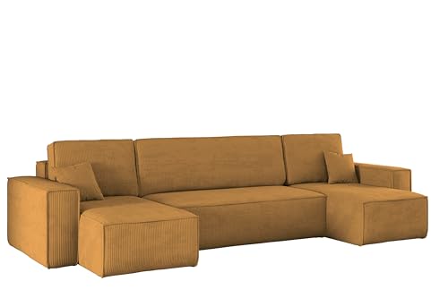 Kaiser Möbel Ecksofa Best U-Form mit schlaffunktion und bettkasten - Modern Design Couch, Sofagarnitur, Couchgarnitur, Polsterecke, freistehend, Dicker Cord, Senffarbe von Kaiser Möbel