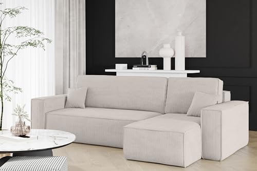 Kaiser Möbel, Ecksofa mit schlaffunktion, mit Bettkasten, Schlafsofa Best, Designer Sofa, Modern Design Couch, Polsterecke, Freistehend, Dicker Cord, Beige Rechts von Kaiser Möbel