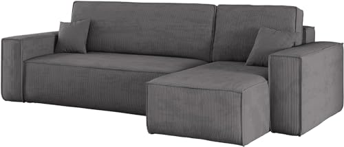 Kaiser Möbel Ecksofa Best mit schlaffunktion und bettkasten - Modern Design Couch, Sofagarnitur, Couchgarnitur, Polsterecke, freistehend, Dicker Cord, Dunkelgrau Rechts von Kaiser Möbel