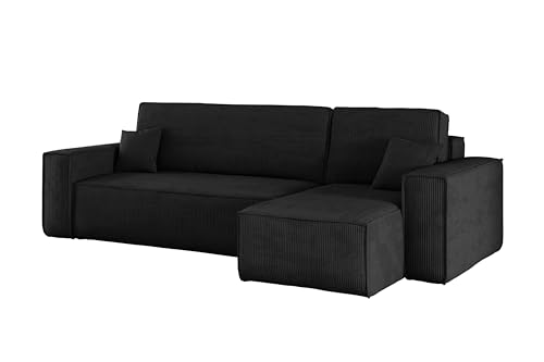 Kaiser Möbel Ecksofa Best mit schlaffunktion und bettkasten - Modern Design Couch, Sofagarnitur, Couchgarnitur, Polsterecke, freistehend, Dicker Cord, Schwarz Rechts von Kaiser Möbel