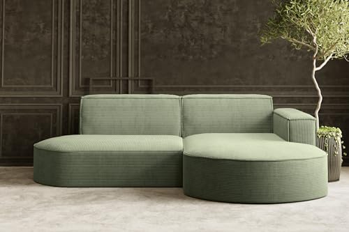 Kaiser Möbel, Ecksofa, Schlafsofa, Sofa Modena Studio Parma, Modern Design Couch, Polsterecke, Freistehend Sofa Wohnzimmer -Stoff Dicker Cord Poso Hellgrün Rechts von Kaiser Möbel