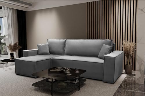 Kaiser Möbel Ecksofa ATOS mit schlaffunktion und bettkasten Modern Design Couch, Sofagarnitur, Couchgarnitur, Polsterecke, Freistehend, Polsterung Samt, Grau Links von Kaiser Möbel